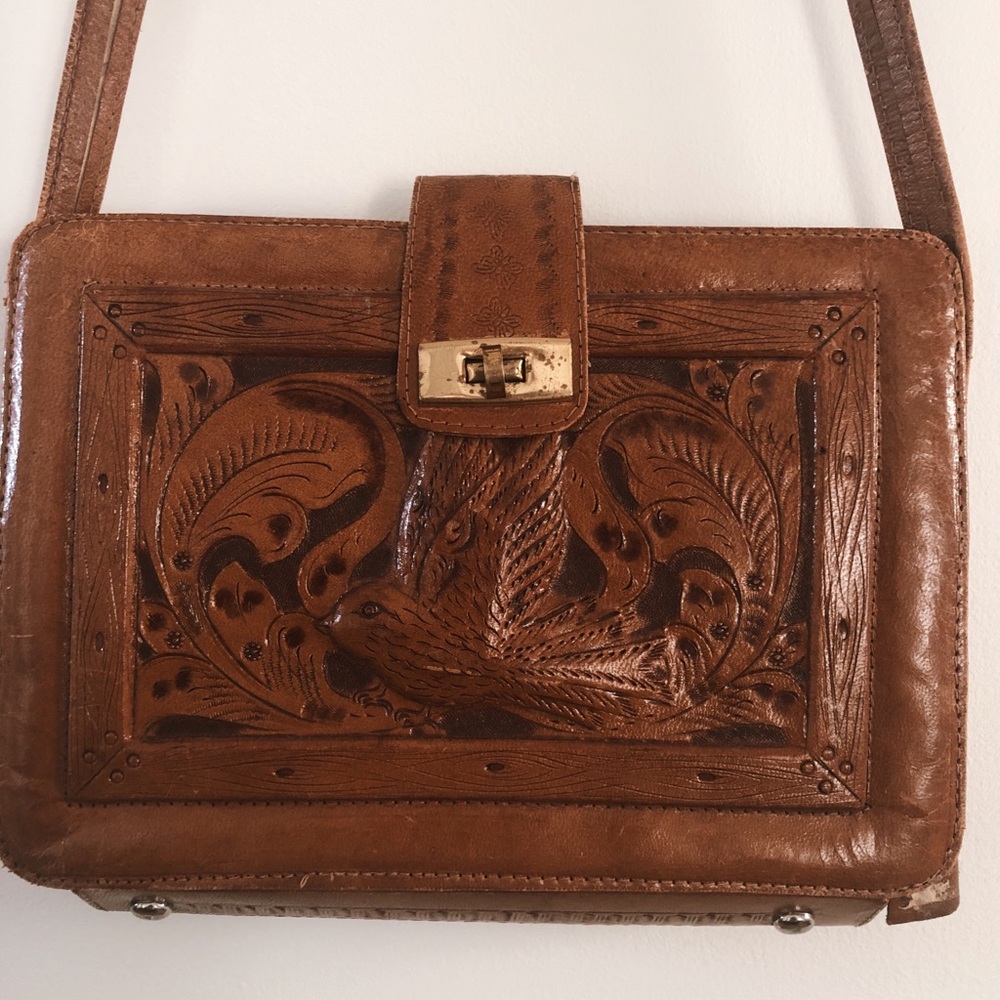 Intricate Hand Tooled Vintage Leather Purse/Book Bag